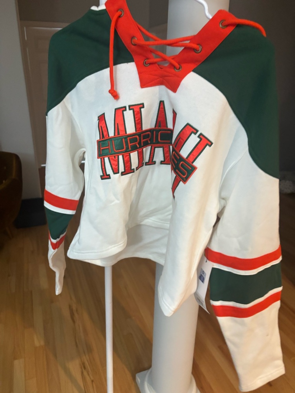 Miami Hurricanes Lace-Up Cropped Hoodie - White/Green/Orange